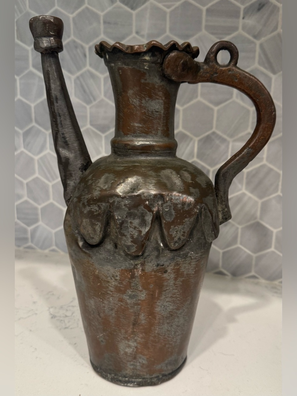 Antique 1800s Turkish Ottoman Copper Ewer Ibrik Water Pitcher Handcrafted 4.2 lb